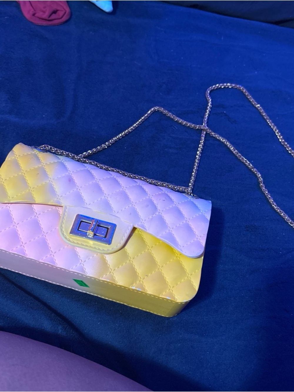 Rainbow Yellow and White Quilted Crossbody Bag with Silver Chain